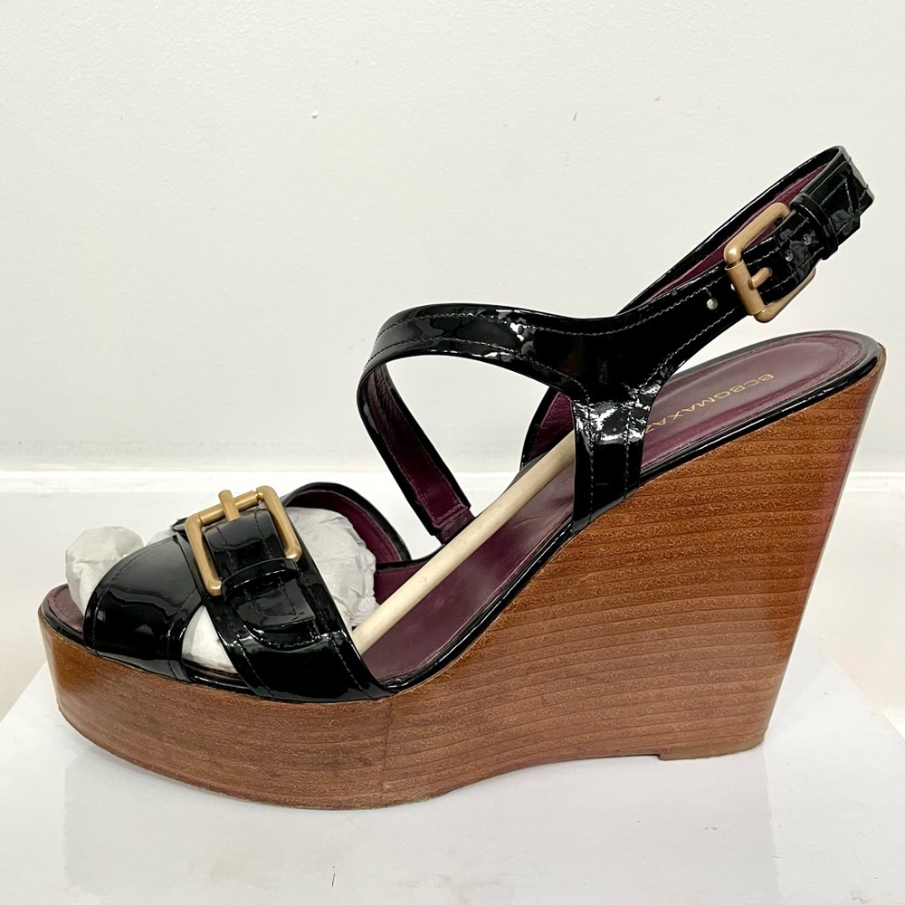 BCBG MAXAZRIA Size 10 Black Patent Leather Platform Wedge Sandal
